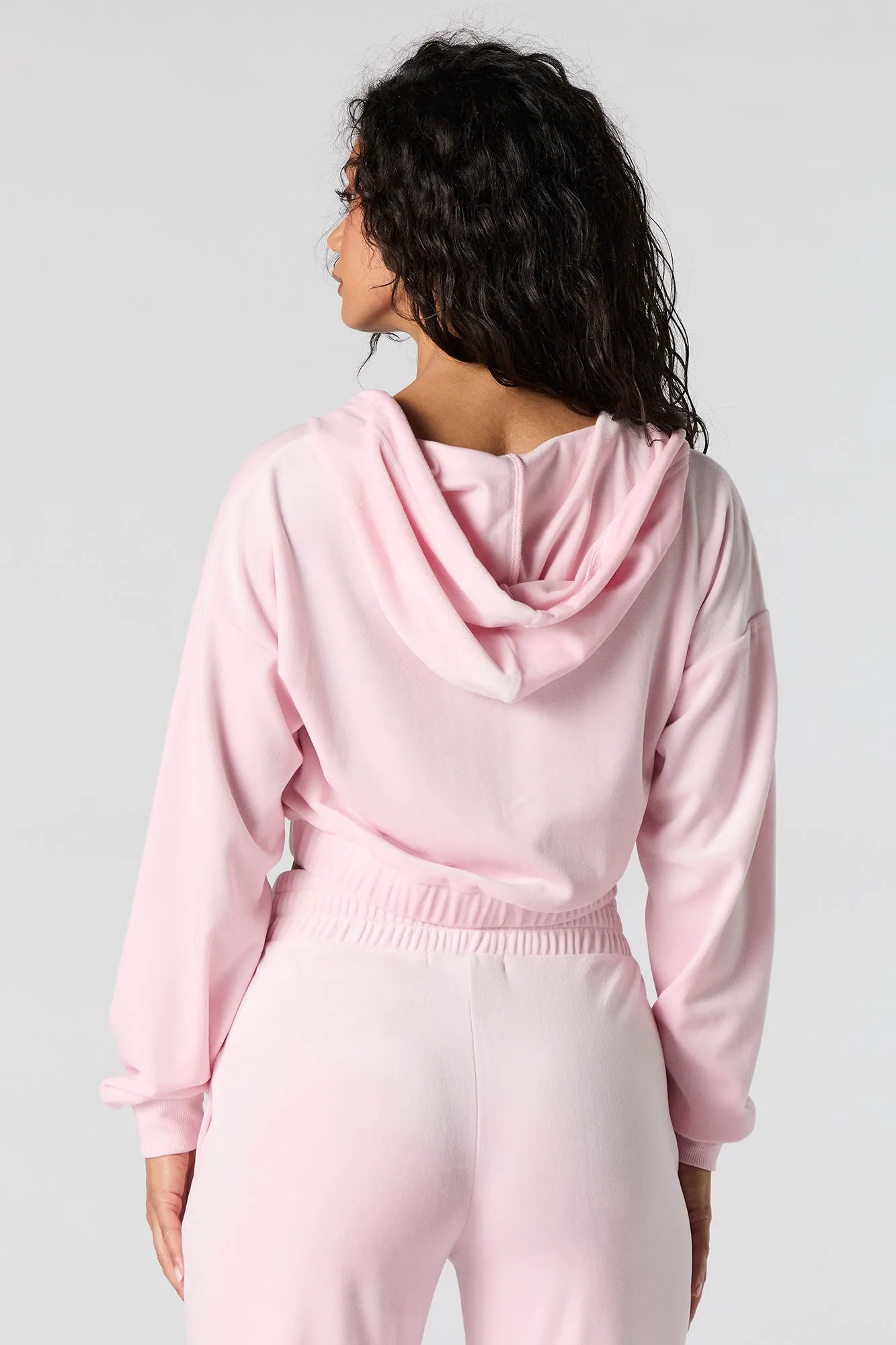 Velour Cropped Zip-Up Hoodie