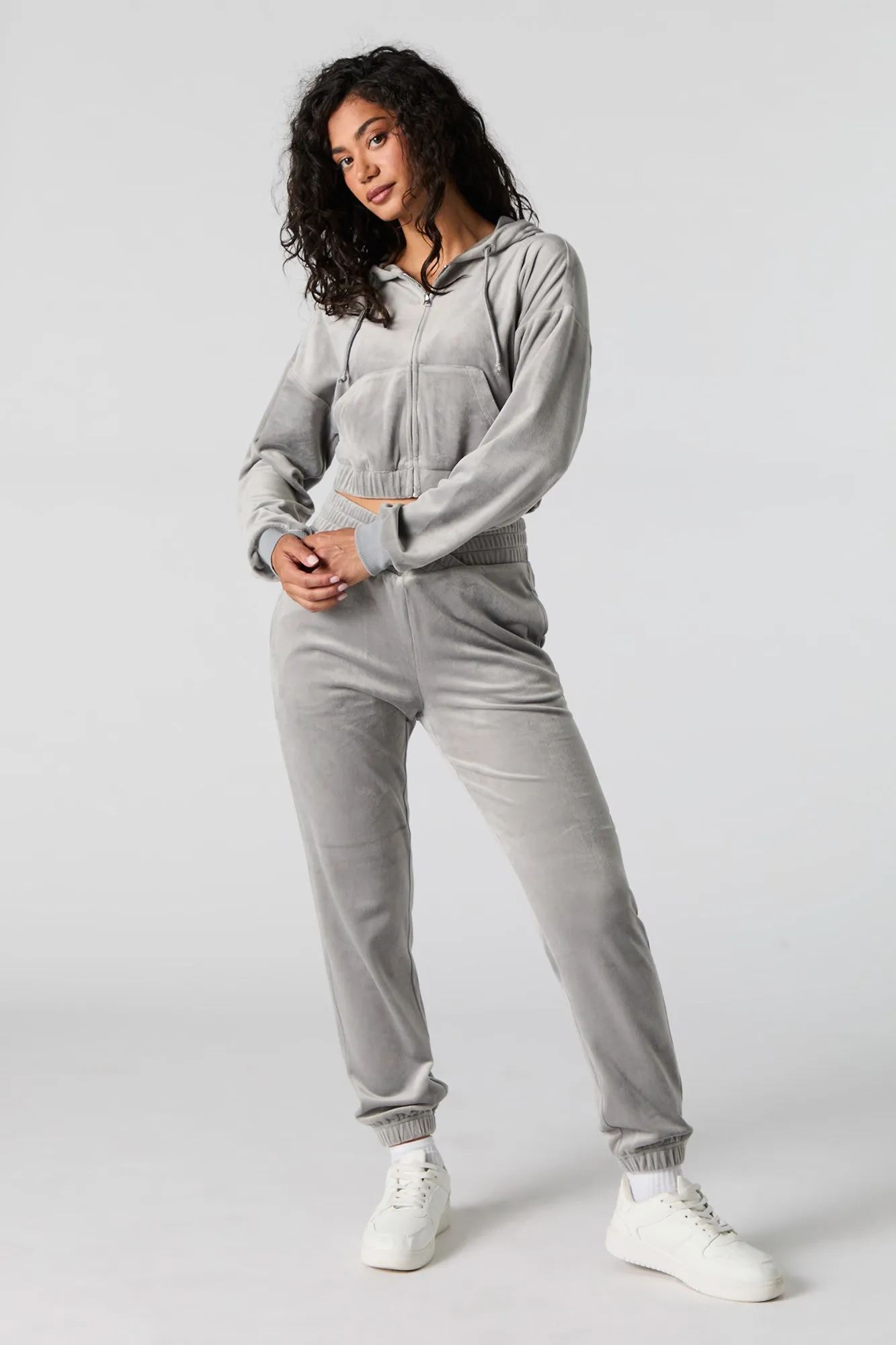 Velour Cropped Zip-Up Hoodie