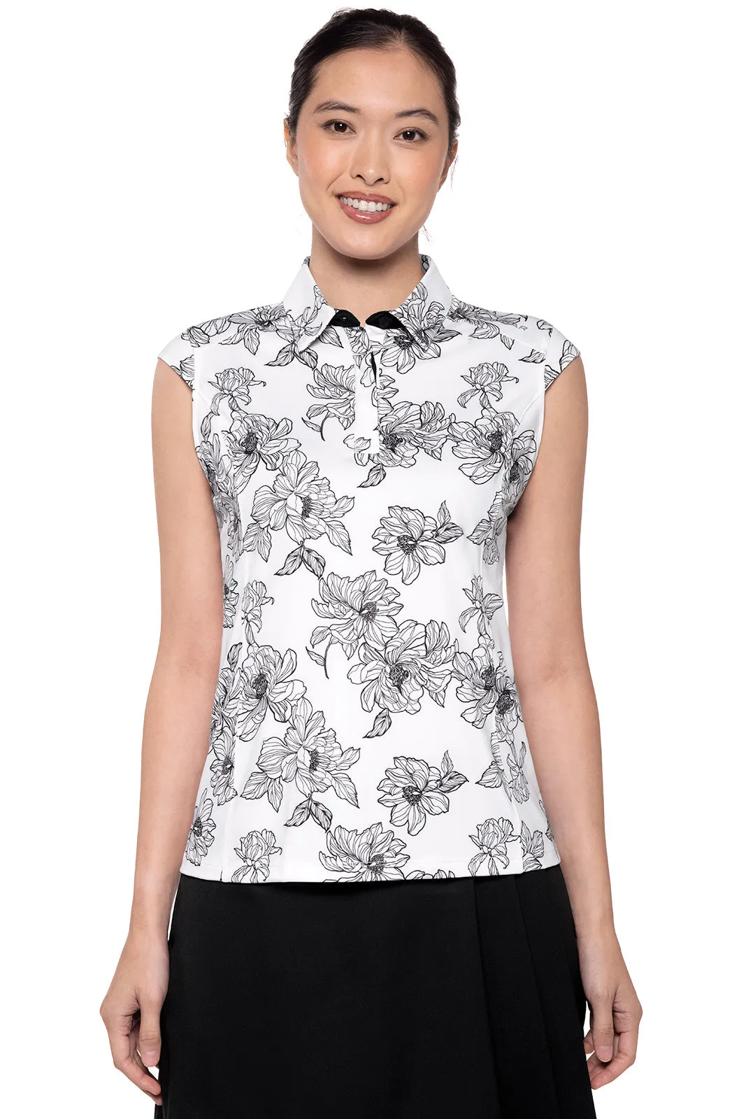 Women's Dew-Sweeper Sleeveless Polo | White/Black Perfect Peony